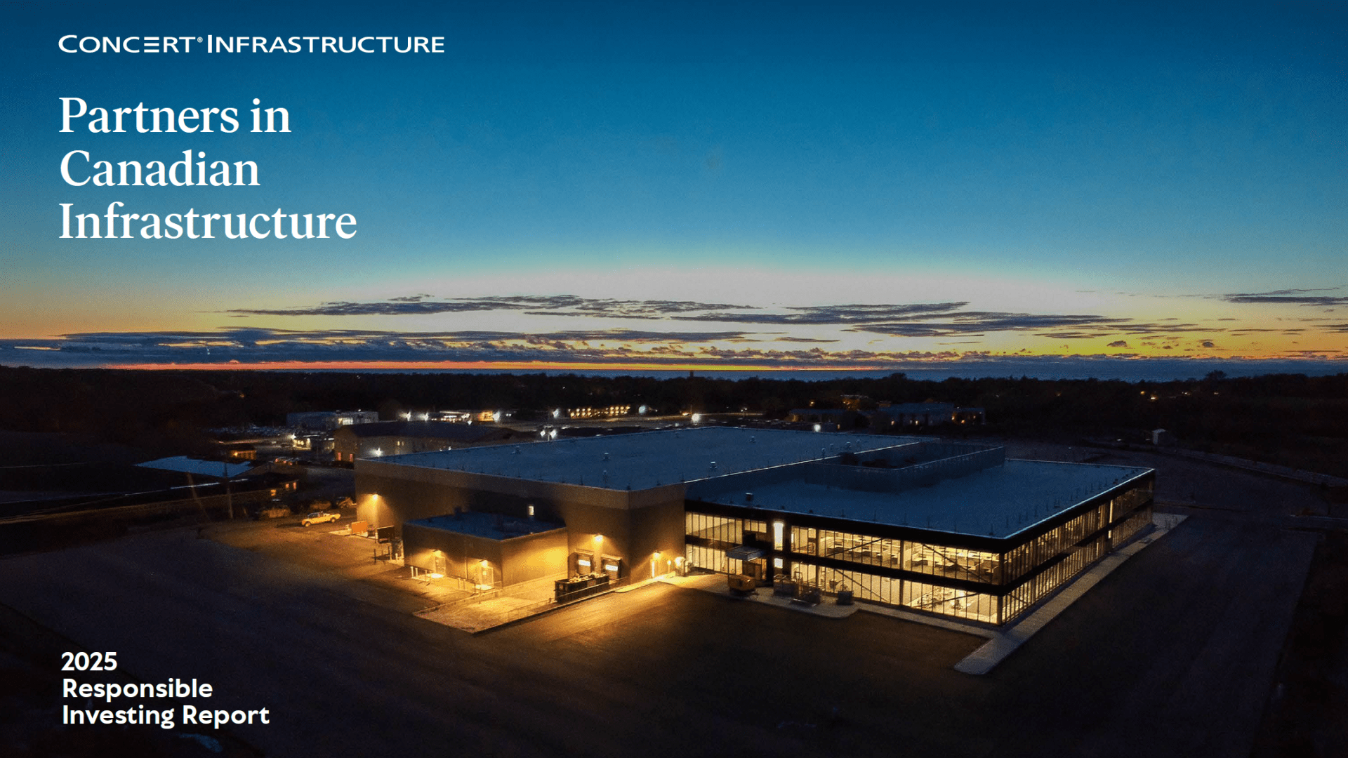 warehouse building lit at night
